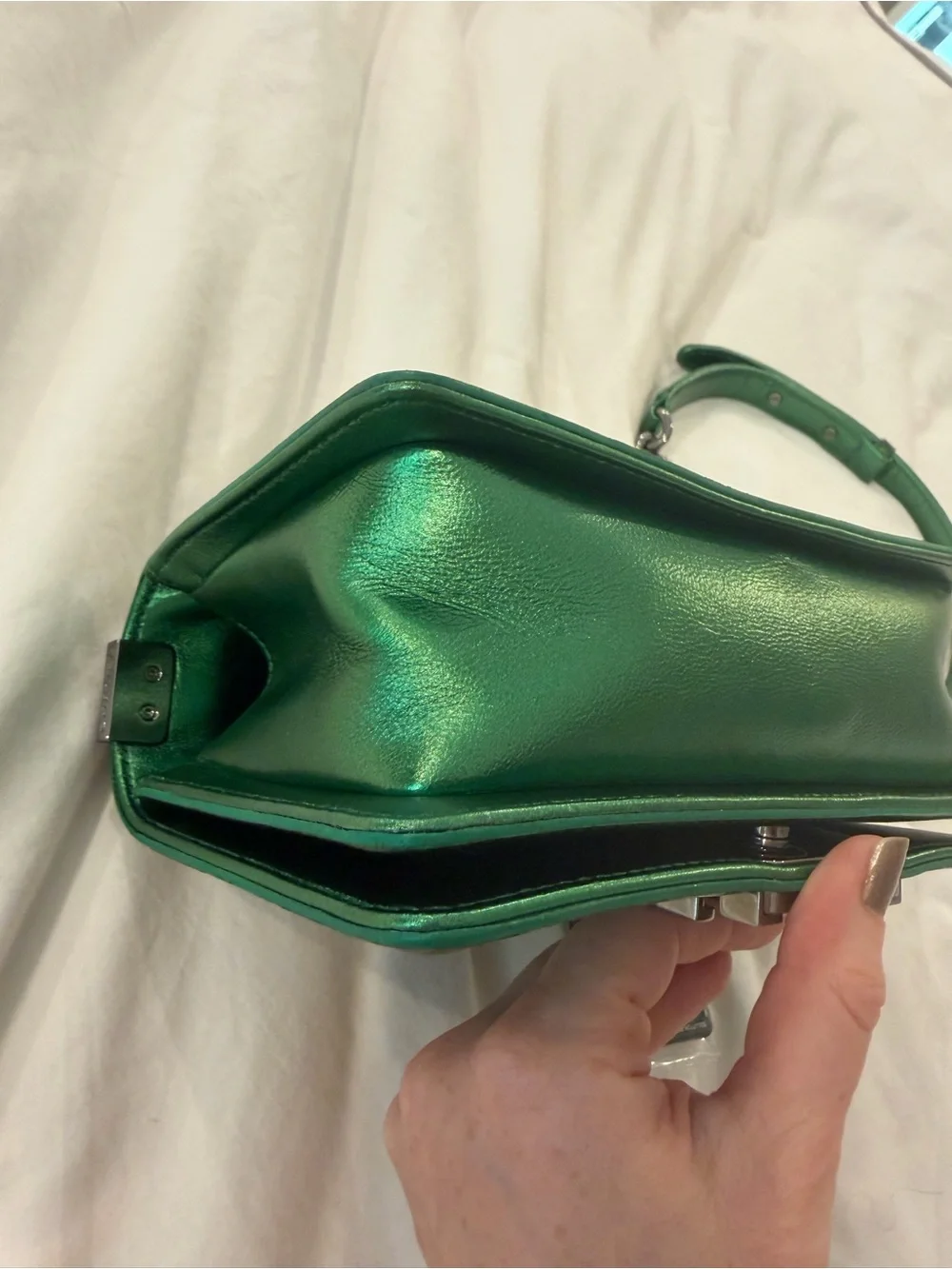 CHANEL Green Quilted Patent Leather Boy Bag with Silver Chain